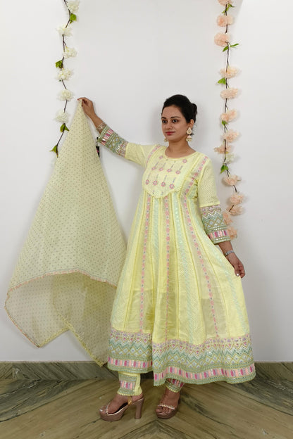 Anarkali Mul cotton Multi Embroidered Suit Set With Duppatta in Lemon