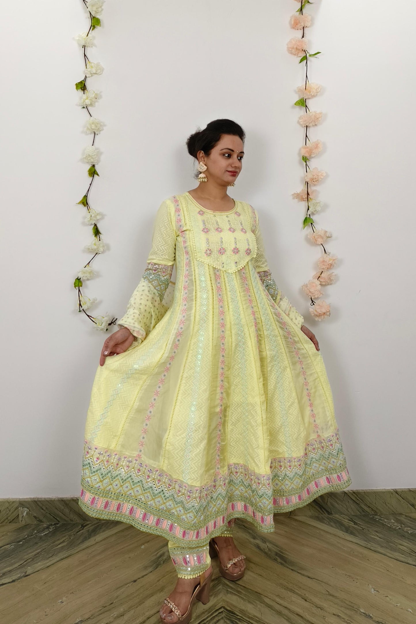 Anarkali Mul cotton Multi Embroidered Suit Set With Duppatta in Lemon