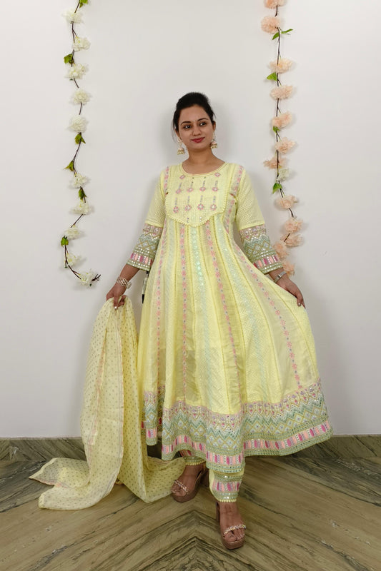 Anarkali Mul cotton Multi Embroidered Suit Set With Duppatta in Lemon