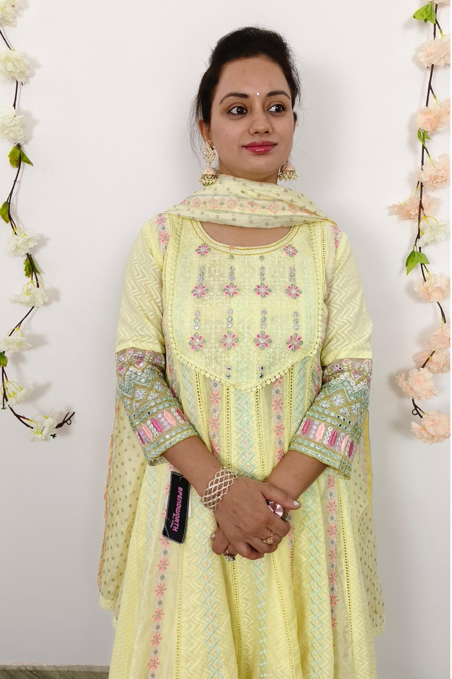 Anarkali Mul cotton Multi Embroidered Suit Set With Duppatta in Lemon