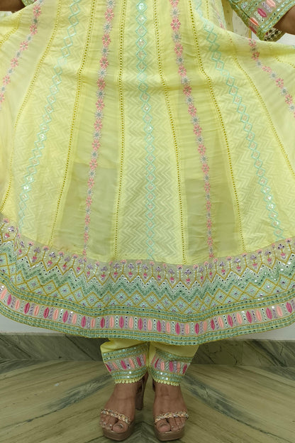 Anarkali Mul cotton Multi Embroidered Suit Set With Duppatta in Lemon