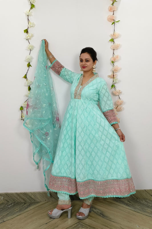 Chikan Embroidered Full Flare Anarkali Suit Set With Organza Duppatta In Sky Blue
