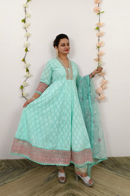 Chikan Embroidered Full Flare Anarkali Suit Set With Organza Duppatta In Sky Blue