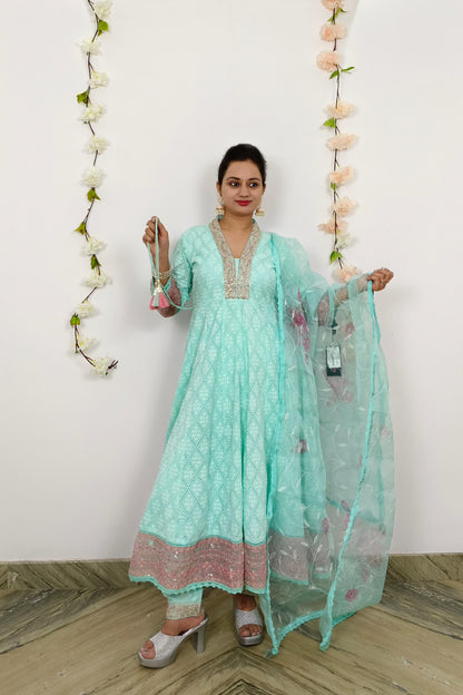 Chikan Embroidered Full Flare Anarkali Suit Set With Organza Duppatta In Sky Blue