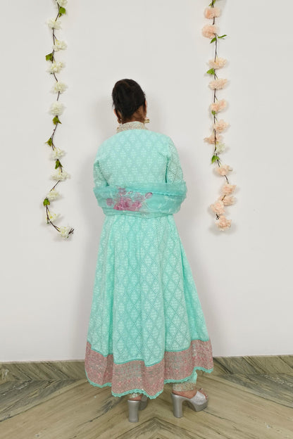 Chikan Embroidered Full Flare Anarkali Suit Set With Organza Duppatta In Sky Blue