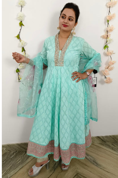 Chikan Embroidered Full Flare Anarkali Suit Set With Organza Duppatta In Sky Blue