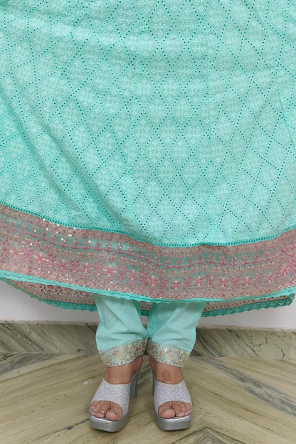 Chikan Embroidered Full Flare Anarkali Suit Set With Organza Duppatta In Sky Blue