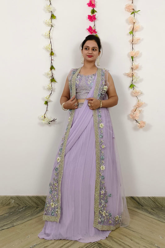 Ready To Wear Drape Dress With Skirt Bottom Alongwith Embroidered Over shrug in Lavender