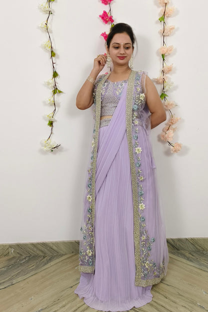 Ready To Wear Drape Dress With Skirt Bottom Alongwith Embroidered Over shrug in Lavender