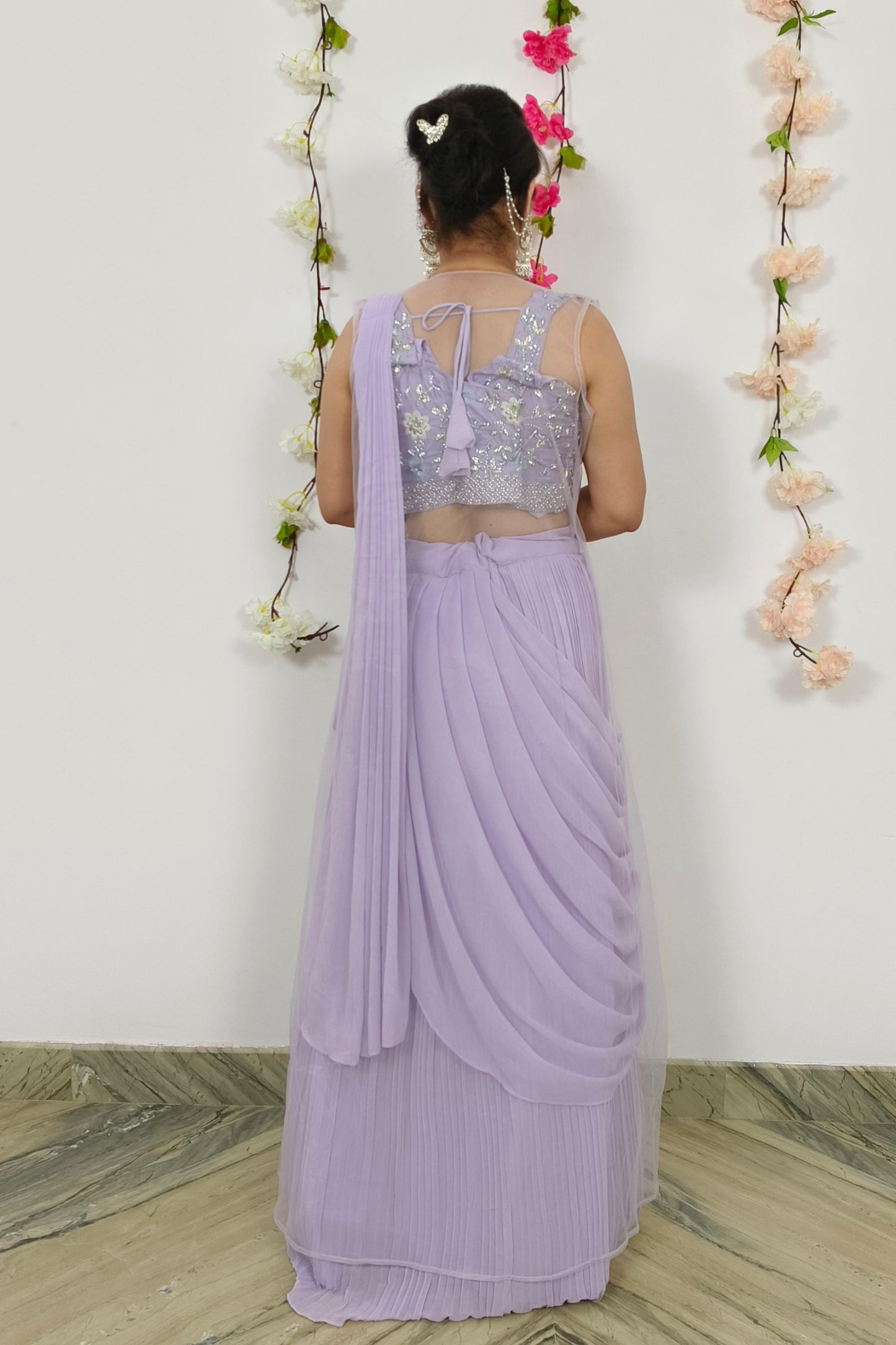 Ready To Wear Drape Dress With Skirt Bottom Alongwith Embroidered Over shrug in Lavender