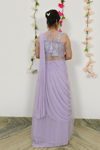 Ready To Wear Drape Dress With Skirt Bottom Alongwith Embroidered Over shrug in Lavender