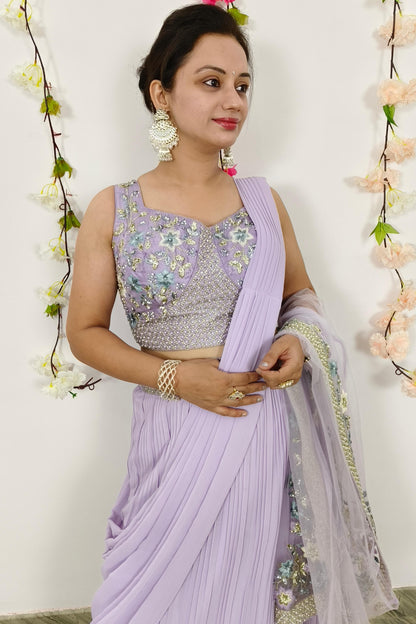 Ready To Wear Drape Dress With Skirt Bottom Alongwith Embroidered Over shrug in Lavender