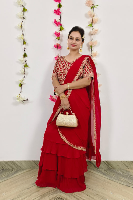 Ready to Wear Georgette Drape Saree With Hand Work Blouse in Red