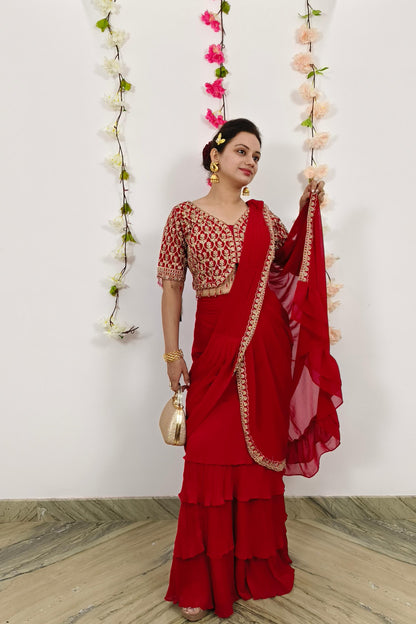 Ready to Wear Georgette Drape Saree With Hand Work Blouse in Red