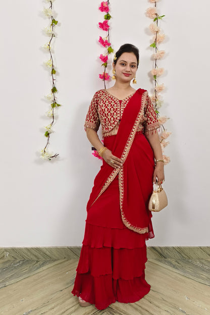 Ready to Wear Georgette Drape Saree With Hand Work Blouse in Red