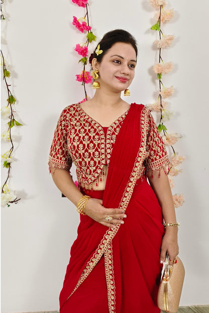 Ready to Wear Georgette Drape Saree With Hand Work Blouse in Red