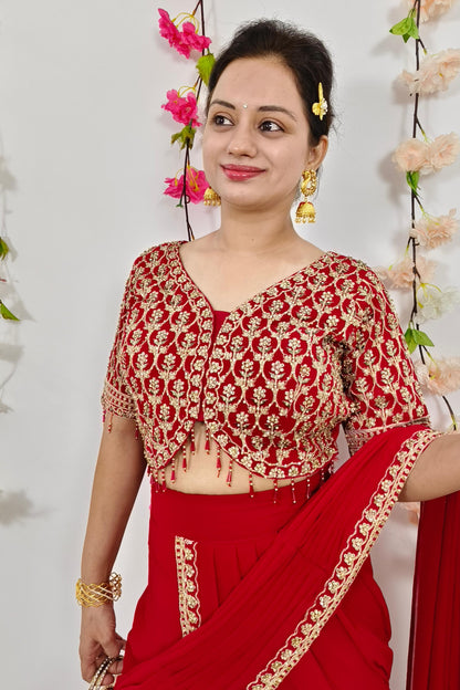 Ready to Wear Georgette Drape Saree With Hand Work Blouse in Red