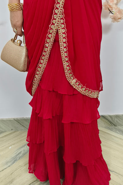 Ready to Wear Georgette Drape Saree With Hand Work Blouse in Red