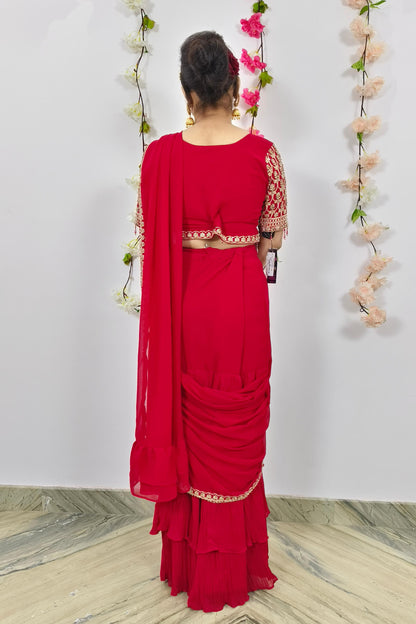 Ready to Wear Georgette Drape Saree With Hand Work Blouse in Red