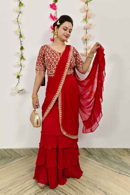 Ready to Wear Georgette Drape Saree With Hand Work Blouse in Red