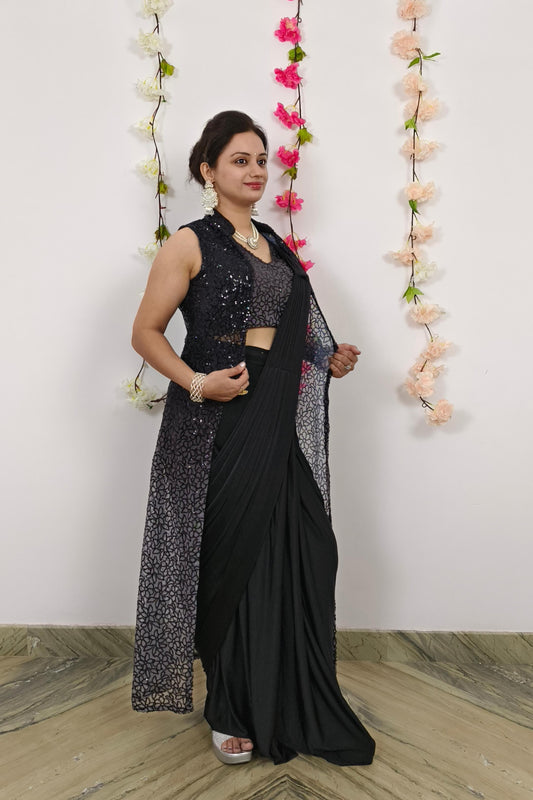 Ready To Wear Ombre sequence work Drape Saree With Shrug In Black