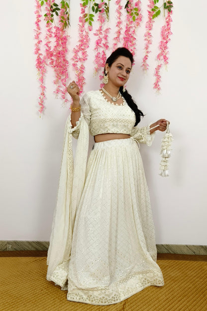 Partywear Thread And Sequence Work Embroidered Off White Lehenga Set With Duppatta