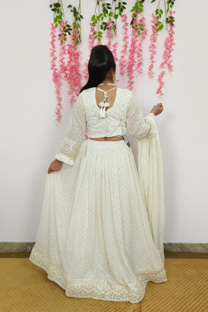 Partywear Thread And Sequence Work Embroidered Off White Lehenga Set With Duppatta