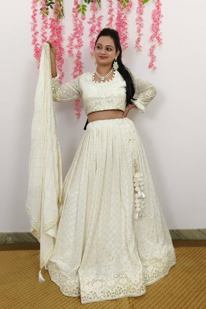 Partywear Thread And Sequence Work Embroidered Off White Lehenga Set With Duppatta