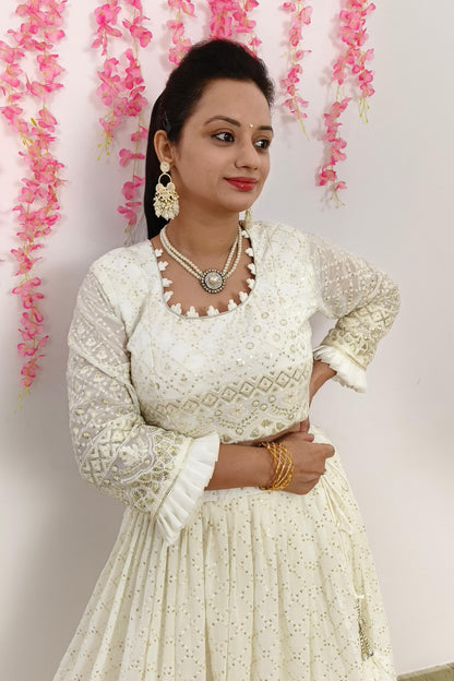 Partywear Thread And Sequence Work Embroidered Off White Lehenga Set With Duppatta