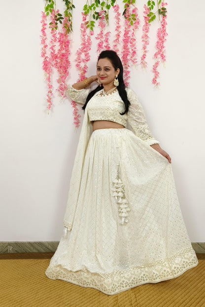 Partywear Thread And Sequence Work Embroidered Off White Lehenga Set With Duppatta