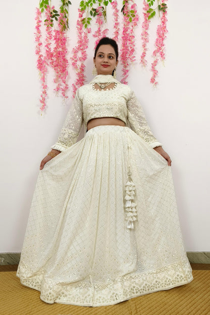 Partywear Thread And Sequence Work Embroidered Off White Lehenga Set With Duppatta