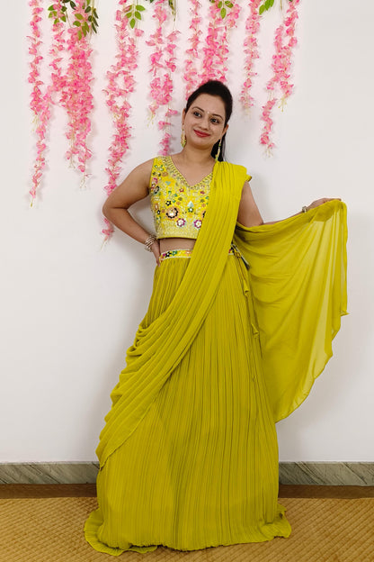 Indo Western Dress With Separate Net Embroidered Overshrug in Neon Yellow