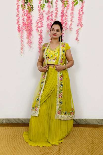 Indo Western Dress With Separate Net Embroidered Overshrug in Neon Yellow