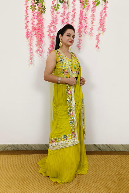 Indo Western Dress With Separate Net Embroidered Overshrug in Neon Yellow