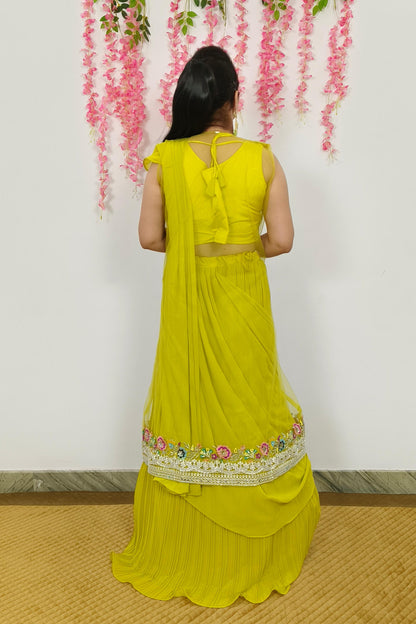 Indo Western Dress With Separate Net Embroidered Overshrug in Neon Yellow