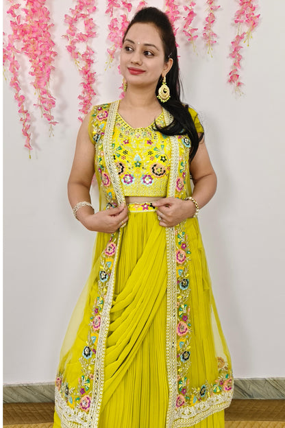 Indo Western Dress With Separate Net Embroidered Overshrug in Neon Yellow