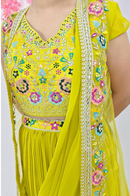 Indo Western Dress With Separate Net Embroidered Overshrug in Neon Yellow