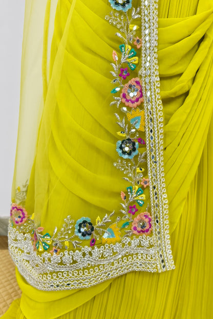 Indo Western Dress With Separate Net Embroidered Overshrug in Neon Yellow