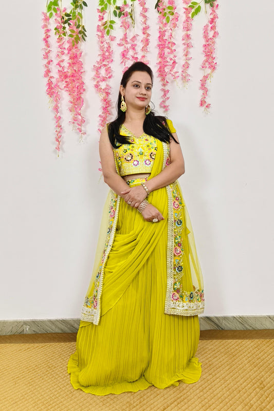 Indo Western Dress With Separate Net Embroidered Overshrug in Neon Yellow