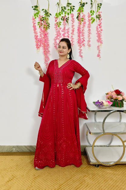 ThreadWork Front Slit Anarkali Suit With Plazo and Duppatta In Hot Pink