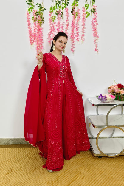 ThreadWork Front Slit Anarkali Suit With Plazo and Duppatta In Hot Pink