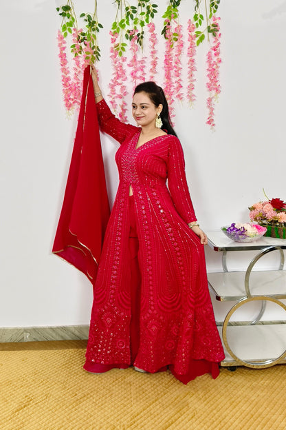 ThreadWork Front Slit Anarkali Suit With Plazo and Duppatta In Hot Pink