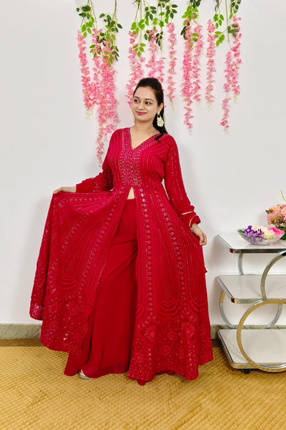 ThreadWork Front Slit Anarkali Suit With Plazo and Duppatta In Hot Pink