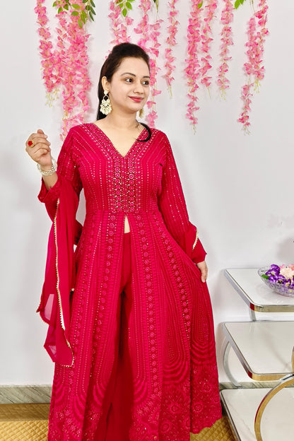 ThreadWork Front Slit Anarkali Suit With Plazo and Duppatta In Hot Pink