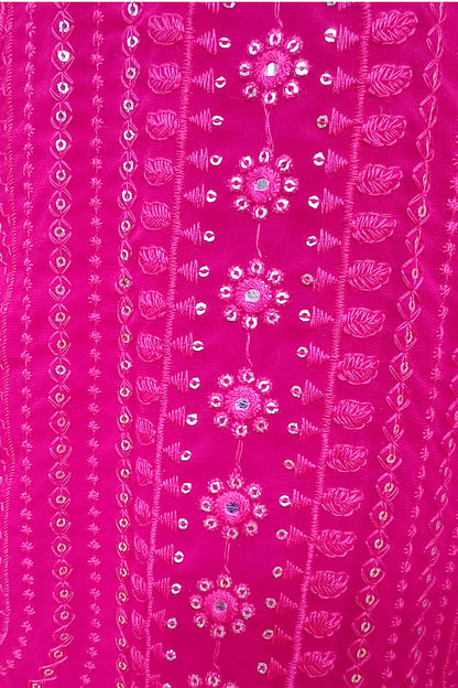 ThreadWork Front Slit Anarkali Suit With Plazo and Duppatta In Hot Pink