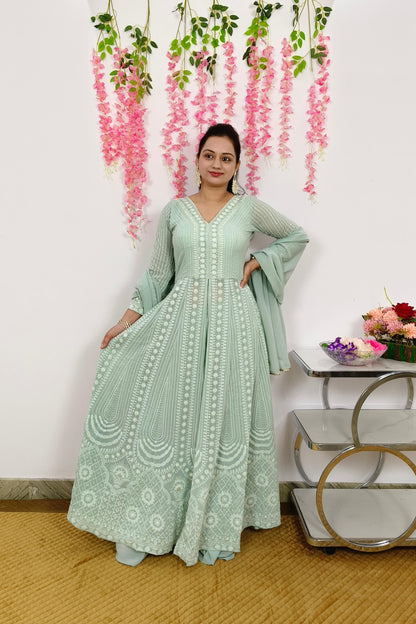 ThreadWork Front Slit Anarkali Suit With Plazo and Duppatta In Pista