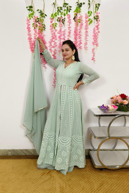 ThreadWork Front Slit Anarkali Suit With Plazo and Duppatta In Pista