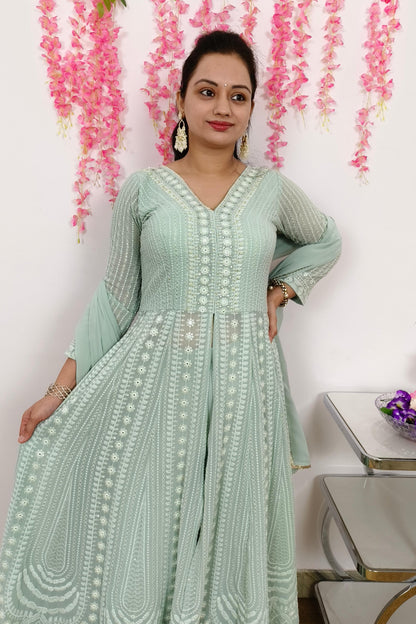 ThreadWork Front Slit Anarkali Suit With Plazo and Duppatta In Pista