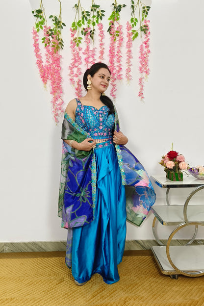 Indo Western Three Piece dress With Shrug In Royal blue