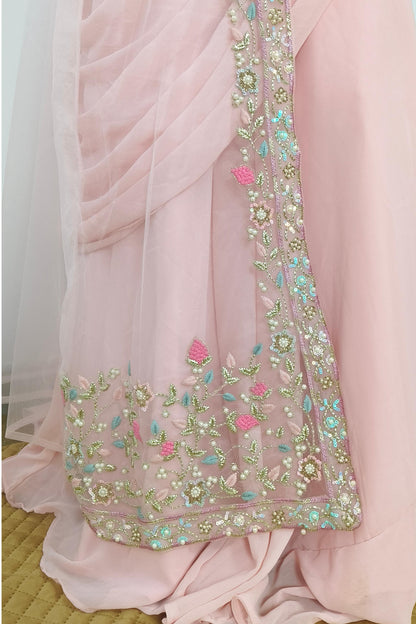 Indo western Drape Dress With  Embroidered Overshrug in Lotus pink